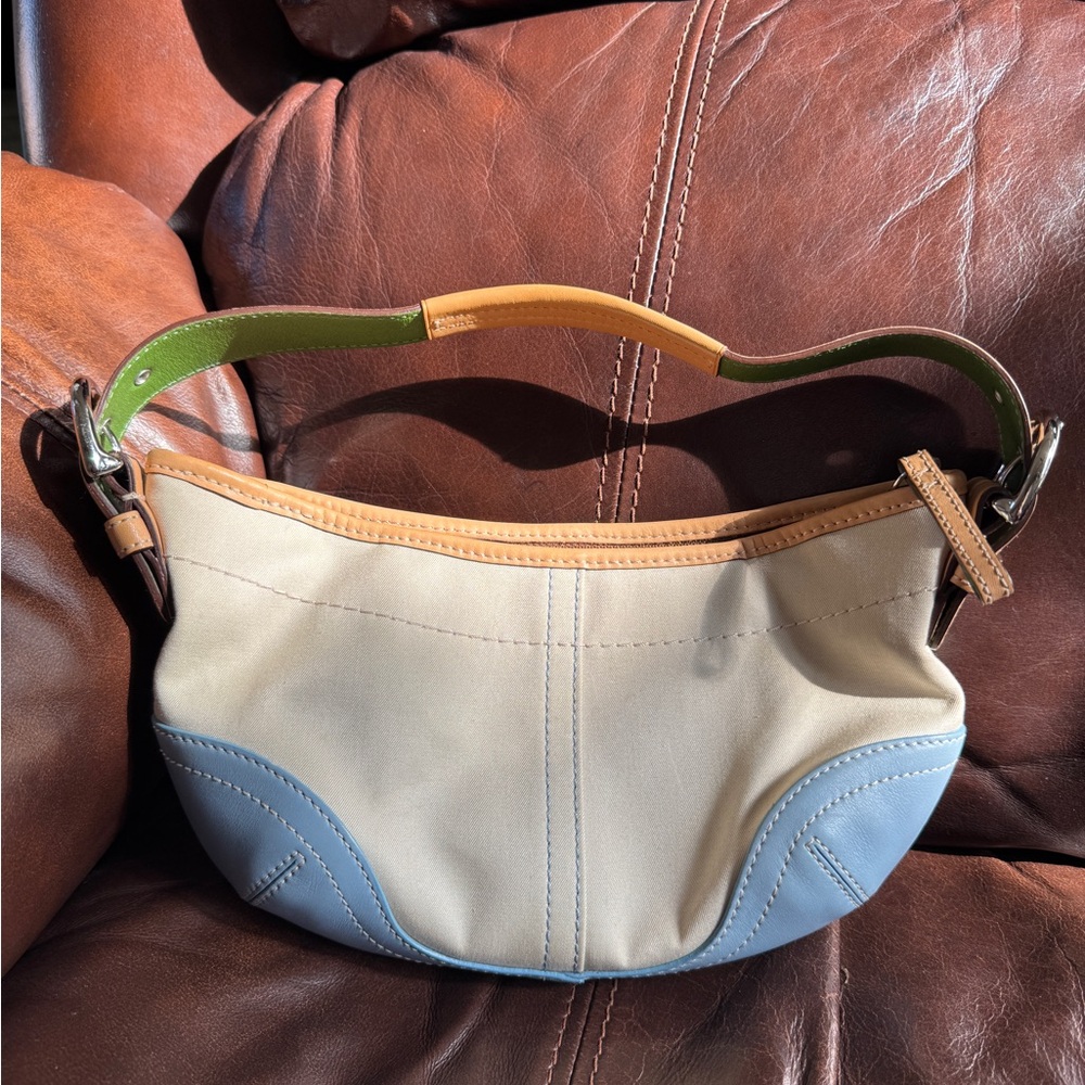 Coach Vintage Cream Canvas and Blue Leather Trim Hobo Shoulder Bag
